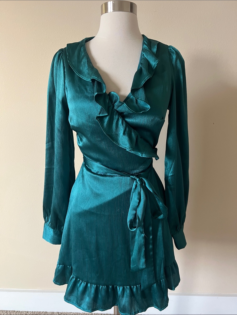 Mi Ami Teal Ruffle Wrap-Style Long Sleeve Dress